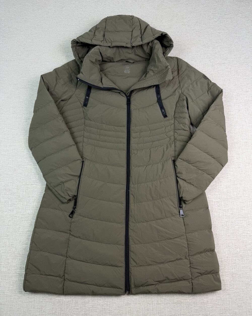 DKNY Down Puffer Coat Women’s Large Olive Green Hooded Quilted Winter Jacket